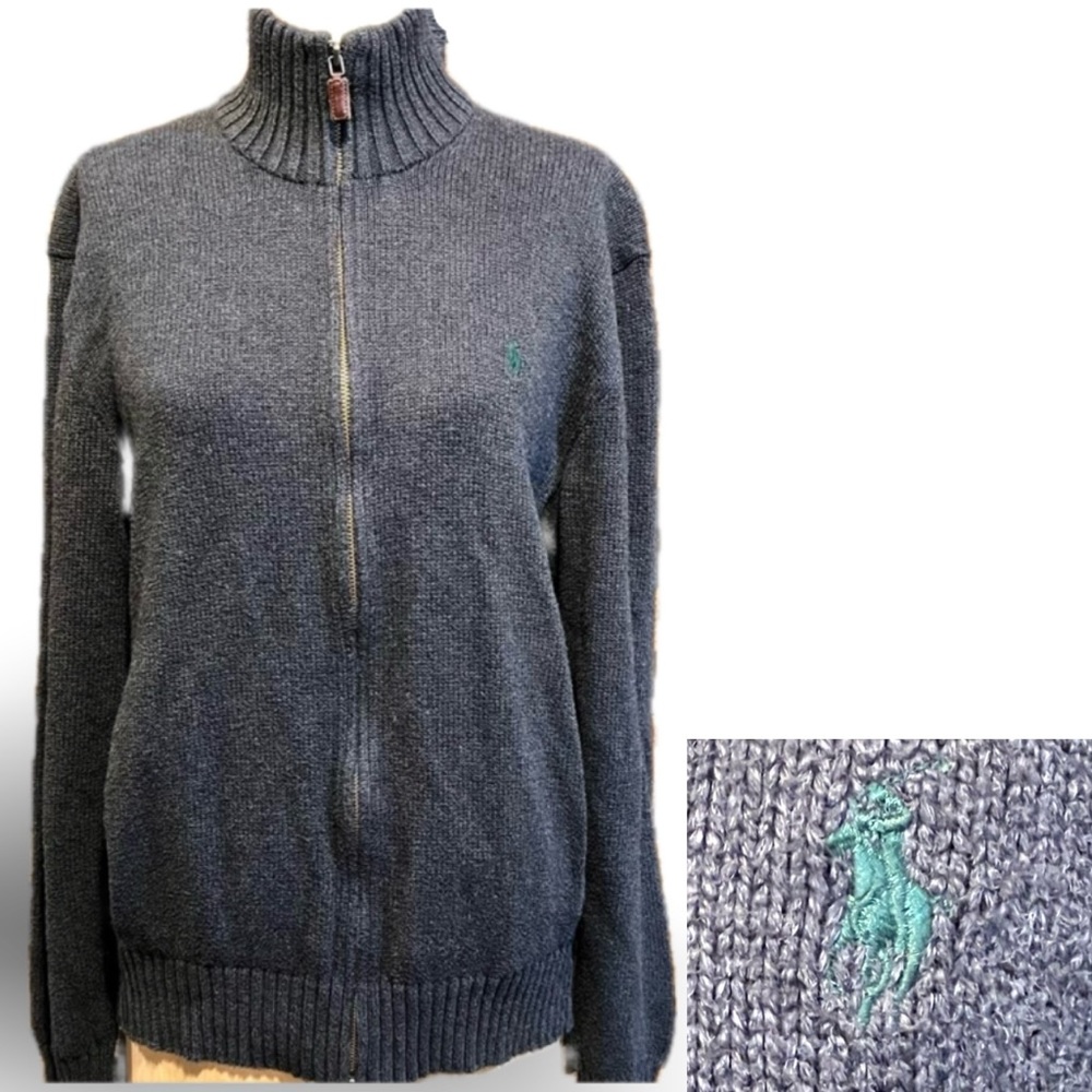 Ralph Lauren Polo charcoal gray knit sweater zip cardigan funnel neck preppy 90s